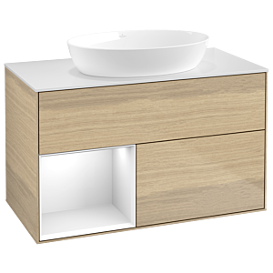 Villeroy und Boch Finion Waschtischunterschrank GA11GFPC 100cm, Abdeckplatte white matt, Emotion, Regale Glossy white lacquer, Oak Veneer