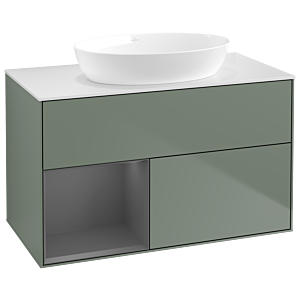 Villeroy und Boch Finion Waschtischunterschrank GA11GKGM 100cm, Abdeckplatte white matt, Emotion, Regale Anthracite matt lacquer, Olive Matt Lacquer