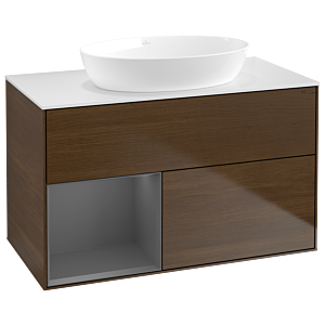 Villeroy und Boch Finion Waschtischunterschrank GA11GKGN 100cm, Abdeckplatte white matt, Emotion, Regale Anthracite matt lacquer, Walnut veneer