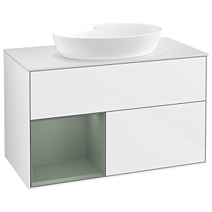 Villeroy und Boch Finion Waschtischunterschrank GA11GMGF 100cm, Abdeckplatte white matt, Emotion, Regale Olive matt lacquer, Glossy white lacquer