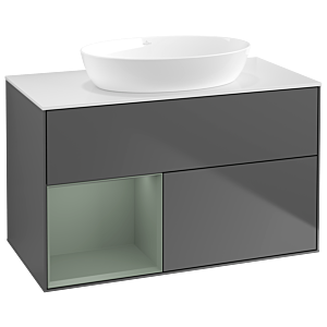 Villeroy und Boch Finion Waschtischunterschrank GA11GMGK 100cm, Abdeckplatte white matt, Emotion, Regale Olive matt lacquer, Anthracite matt