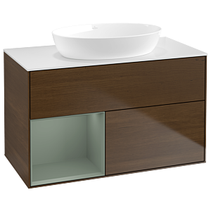 Villeroy und Boch Finion Waschtischunterschrank GA11GMGN 100cm, Abdeckplatte white matt, Emotion, Regale Olive matt lacquer, Walnut veneer
