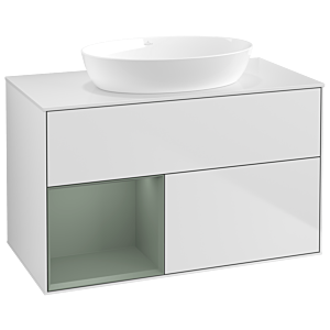 Villeroy und Boch Finion Waschtischunterschrank GA11GMMT 100cm, Abdeckplatte white matt, Emotion, Regale Olive matt lacquer, White matt lacquer