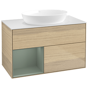 Villeroy und Boch Finion Waschtischunterschrank GA11GMPC 100cm, Abdeckplatte white matt, Emotion, Regale Olive matt lacquer, Oak Veneer