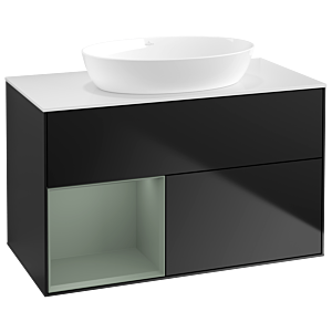Villeroy und Boch Finion Waschtischunterschrank GA11GMPD 100cm, Abdeckplatte white matt, Emotion, Regale Olive matt lacquer, Black matt lacquer