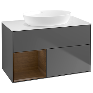 Villeroy und Boch Finion Waschtischunterschrank GA11GNGK 100cm, Abdeckplatte white matt, Emotion, Regale Walnut Veneer, Anthracite matt
