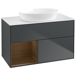 Villeroy und Boch Finion Waschtischunterschrank GA11GNHG 100cm, Abdeckplatte white matt, Emotion, Regale Walnut Veneer, Midnight Blue Matt Lacquer