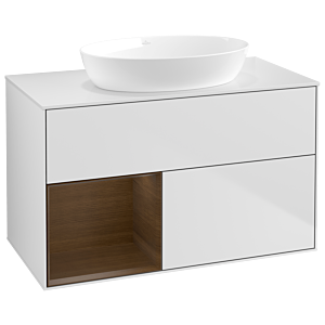Villeroy und Boch Finion Waschtischunterschrank GA11GNMT 100cm, Abdeckplatte white matt, Emotion, Regale Walnut Veneer, White matt lacquer