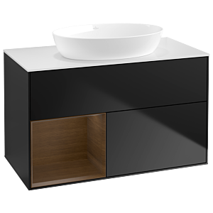 Villeroy und Boch Finion Waschtischunterschrank GA11GNPD 100cm, Abdeckplatte white matt, Emotion, Regale Walnut Veneer, Black matt lacquer