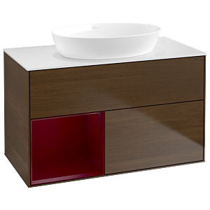 Villeroy und Boch Finion Waschtischunterschrank GA11HBGN 100cm, Abdeckplatte white matt, Emotion, Regale Peony matt lacquer, Walnut veneer