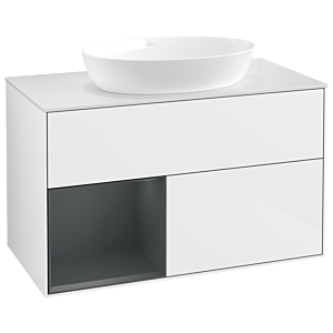 Villeroy und Boch Finion Waschtischunterschrank GA11HGGF 100cm, Abdeckplatte white matt, Emotion, Regale Midnight matt lacquer, Glossy white lacquer