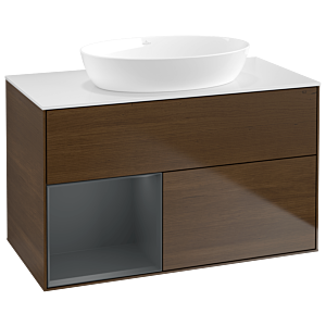 Villeroy und Boch Finion Waschtischunterschrank GA11HGGN 100cm, Abdeckplatte white matt, Emotion, Regale Midnight matt lacquer, Walnut veneer