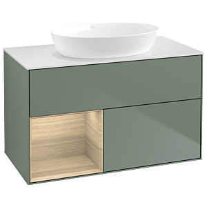 Villeroy und Boch Finion Waschtischunterschrank GA11PCGM 100cm, Abdeckplatte white matt, Emotion, Regale Oak Veneer, Olive Matt Lacquer
