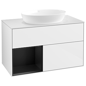 Villeroy et Boch Finion Villeroy et Boch GA11PDGF 100cm, plaque de recouvrement blanc mat, Emotion, étagères laqué noir mat, laqué blanc brillant