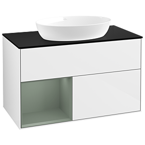Villeroy et Boch Finion Villeroy et Boch GA12GMGF 100cm, plaque de recouvrement noir mat, Emotion, étagères laqué olive mat, laqué blanc brillant