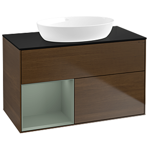 Villeroy und Boch Finion Waschtischunterschrank GA12GMGN 100cm, Abdeckplatte black matt, Emotion, Regale Olive matt lacquer, Walnut veneer