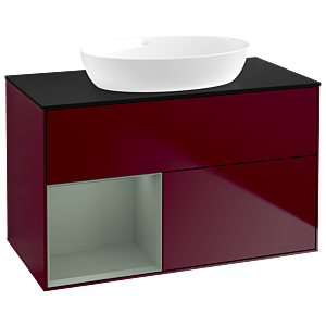Villeroy und Boch Finion Waschtischunterschrank GA12GMHB 100cm, Abdeckplatte black matt, Emotion, Regale Olive matt lacquer, Peony Matt