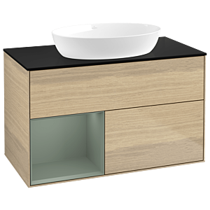Villeroy und Boch Finion Waschtischunterschrank GA12GMPC 100cm, Abdeckplatte black matt, Emotion, Regale Olive matt lacquer, Oak Veneer