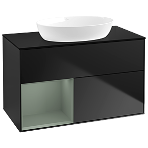 Villeroy und Boch Finion Waschtischunterschrank GA12GMPD 100cm, Abdeckplatte black matt, Emotion, Regale Olive matt lacquer, Black matt lacquer