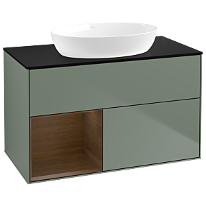 Villeroy und Boch Finion Waschtischunterschrank GA12GNGM 100cm, Abdeckplatte black matt, Emotion, Regale Walnut Veneer, Olive Matt Lacquer