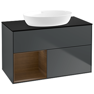 Villeroy und Boch Finion Waschtischunterschrank GA12GNHG 100cm, Abdeckplatte black matt, Emotion, Regale Walnut Veneer, Midnight Blue Matt Lacquer