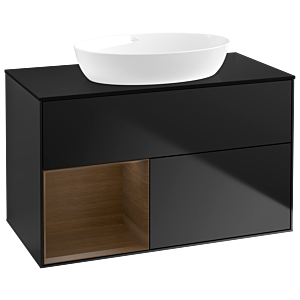 Villeroy und Boch Finion Waschtischunterschrank GA12GNPD 100cm, Abdeckplatte black matt, Emotion, Regale Walnut Veneer, Black matt lacquer