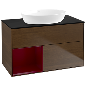 Villeroy und Boch Finion Waschtischunterschrank GA12HBGN 100cm, Abdeckplatte black matt, Emotion, Regale Peony matt lacquer, Walnut veneer