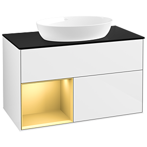 Villeroy et Boch Finion Villeroy et Boch GA12HFGF 100cm, plaque de recouvrement noir mat, Emotion, étagères laqué or mat, laqué blanc brillant