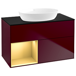 Villeroy et Boch Finion Villeroy et Boch GA12HFHB 100cm, plaque de recouvrement noir mat, Emotion, étagères laqué mat or, Peony Matt