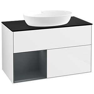 Villeroy et Boch Finion Villeroy et Boch GA12HGGF 100cm, plaque de recouvrement noire mate, Emotion, étagères laqué mat Midnight, laqué blanc brillant