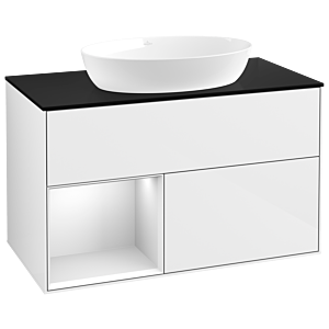 Villeroy et Boch Finion Villeroy et Boch GA12MTGF 100cm, plaque de recouvrement noire mate, Emotion, étagères en laque blanche mate, laque blanche brillante