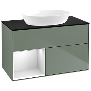 Villeroy und Boch Finion Waschtischunterschrank GA12MTGM 100cm, Abdeckplatte black matt, Emotion, Regale White matt lacquer, Olive Matt Lacquer