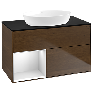 Villeroy et Boch Finion Villeroy et Boch GA12MTGN 100cm, plateau noir mat, Emotion, étagères laquées blanc mat, placage noyer