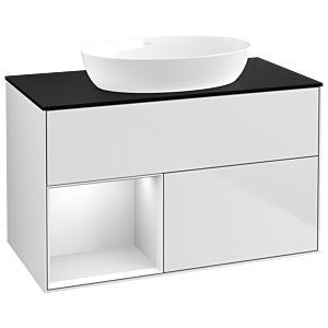 Villeroy et Boch Finion Villeroy et Boch GA12MTMT 100cm, plaque de recouvrement noir mat, Emotion, étagères laqué blanc mat, laqué blanc mat
