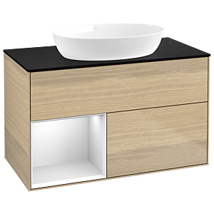 Villeroy und Boch Finion Waschtischunterschrank GA12MTPC 100cm, Abdeckplatte black matt, Emotion, Regale White matt lacquer, Oak Veneer