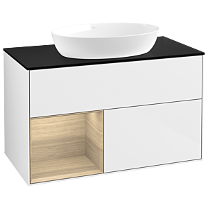 Villeroy et Boch Finion GA12PCGF 100cm, plaque de recouvrement noire mate, Emotion, étagères Oak Veneer , laqué blanc brillant