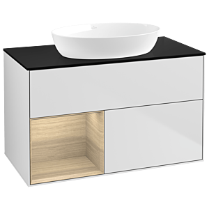 Villeroy et Boch Finion GA12PCMT 100cm, plaque de recouvrement noire mate, Emotion, étagères Oak Veneer , laqué blanc mat