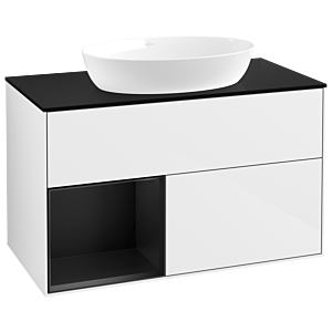 Villeroy et Boch Finion Villeroy et Boch GA12PDGF 100cm, plaque de recouvrement noire mate, Emotion, étagères en laque noire mate, laque blanche brillante