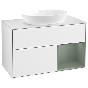 Villeroy et Boch Finion Villeroy et Boch GA21GMGF 100cm, plaque de recouvrement blanc mat, Emotion, étagères laqué olive mat, laqué blanc brillant