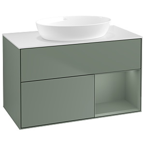 Villeroy et Boch Finion Villeroy et Boch GA21GMGM 100cm, plaque de recouvrement blanc mat, Emotion, étagères laqué olive mat, Olive Matt Lacquer