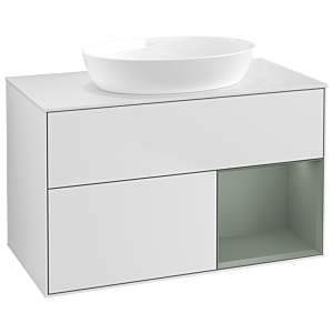 Villeroy und Boch Finion Waschtischunterschrank GA21GMMT 100cm, Abdeckplatte white matt, Emotion, Regale Olive matt lacquer, White matt lacquer