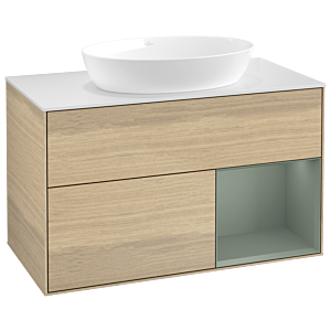 Villeroy und Boch Finion Waschtischunterschrank GA21GMPC 100cm, Abdeckplatte white matt, Emotion, Regale Olive matt lacquer, Oak Veneer