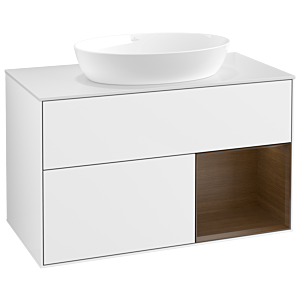 Villeroy et Boch Finion Villeroy et Boch GA21GNGF 100cm, plaque de recouvrement blanc mat, Emotion, étagères Walnut Veneer , laqué blanc brillant