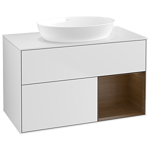 Villeroy und Boch Finion Waschtischunterschrank GA21GNMT 100cm, Abdeckplatte white matt, Emotion, Regale Walnut Veneer, White matt lacquer