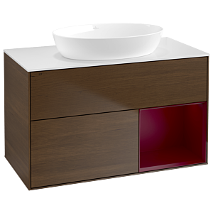 Villeroy und Boch Finion Waschtischunterschrank GA21HBGN 100cm, Abdeckplatte white matt, Emotion, Regale Peony matt lacquer, Walnut veneer