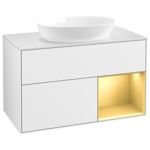 Villeroy et Boch Finion Villeroy et Boch GA21HFGF 100cm, plaque de recouvrement blanc mat, Emotion, étagères laqué or mat, laqué blanc brillant