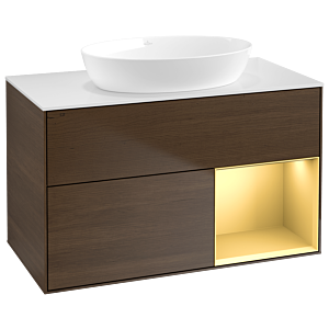 Villeroy und Boch Finion Waschtischunterschrank GA21HFGN 100cm, Abdeckplatte white matt, Emotion, Regale Gold matt lacquer, Walnut veneer