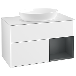 Villeroy und Boch Finion Waschtischunterschrank GA21HGGF 100cm, Abdeckplatte white matt, Emotion, Regale Midnight matt lacquer, Glossy white lacquer