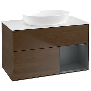 Villeroy und Boch Finion Waschtischunterschrank GA21HGGN 100cm, Abdeckplatte white matt, Emotion, Regale Midnight matt lacquer, Walnut veneer