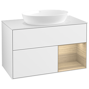Villeroy et Boch Finion GA21PCGF 100cm, plaque de recouvrement blanc mat, Emotion, étagères Oak Veneer , laqué blanc brillant